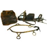 Antique leather and brass horse harness; together with a pair of 21" antique brass hames and a