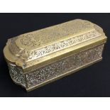 Javanese brass box, decorated with repousse foliate banding around and to the hinged cover, 10"