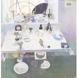 •T* Rickman (20th/21st century) - Interior scene with pottery and other objects upon a sunlit table,