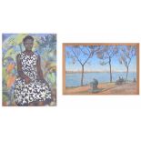 Dorothy Colles (20th century) - portrait of a black girl seated upon vegetation, inscribed with