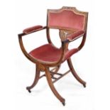 Edwardian rosewood inlaid Savonarola chair, 26" wide, 21" deep, 35" high back, (frame faults)