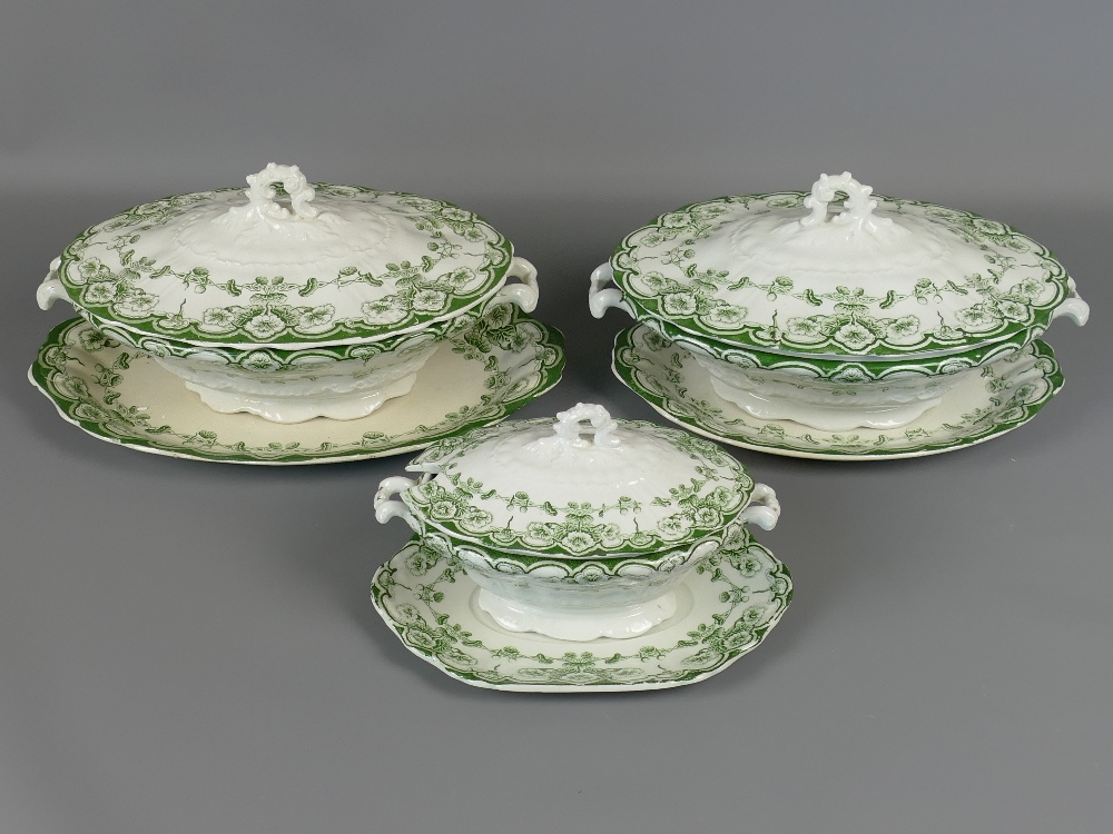 Graduated set of antique Fieldings Crown Devon Lidded tureens, the largest approximately 12" long (