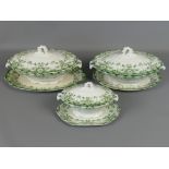 Graduated set of antique Fieldings Crown Devon Lidded tureens, the largest approximately 12" long (