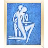 20th/21st century School - two nude figures embracing in blue, indistinctly signed, mixed media with