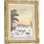 W* H* Watson (19th/20th century) - winter scene with sheep beside a pine tree at sunset, signed