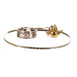 14ct bangle, ring and charm, 5.8gm (at fault) (3)