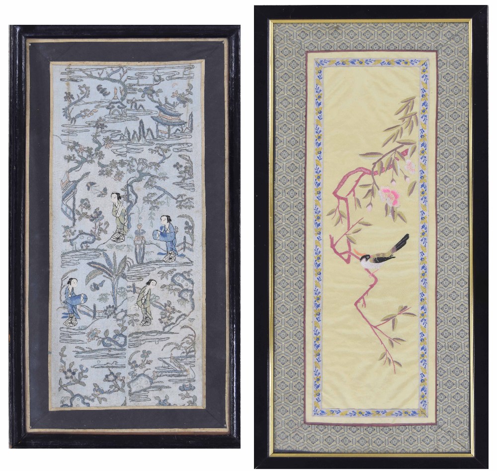 Two Oriental silkwork embroideries; the first depicting Chinese figures amongst vegetation and