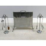 Art Deco chrome fire screen; together with a matching pair of decorative chrome fireside