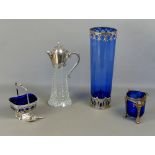Antique silver plated swing handle neo-classical style sugar basket with original blue glass