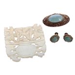Pair of jade and gilded oval earrings, 14mm x 12mm; oval jade filigree gilded brooch, 40mm x 20mm;