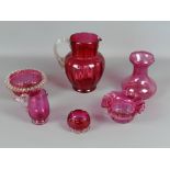 Collection of antique cranberry glass including a large wrythen sided jug, 7.5" tall (6)