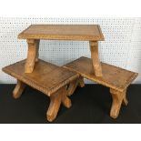 Three miniature hand made and carved wood refectory type tables, (reputedly made by monks),