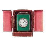 Miniature carriage clock timepiece, within a silver and green guillouche enamel case, hallmarked for
