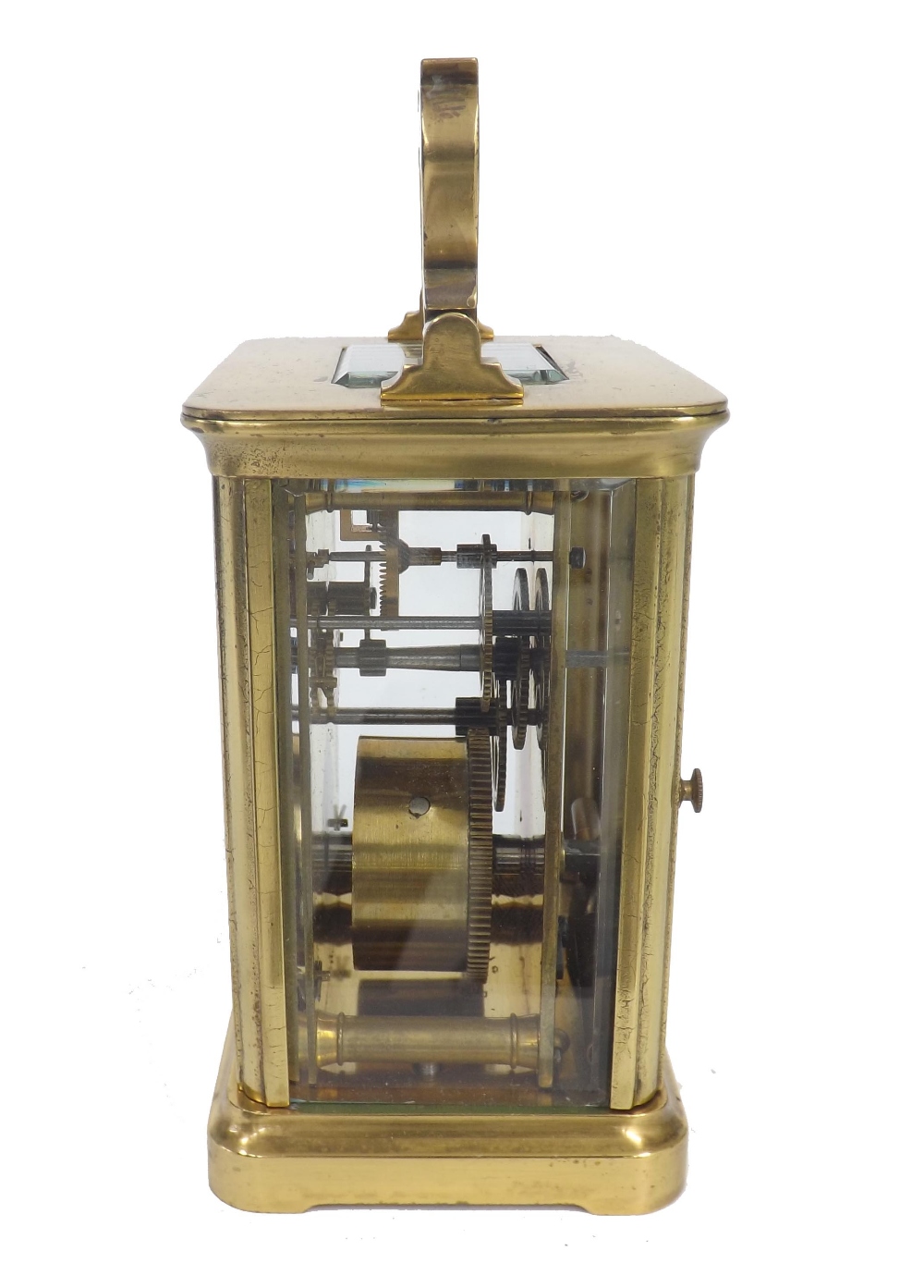 Small carriage clock timepiece, the 1.75" cream chapter ring within a gilt mask and corniche brass - Image 2 of 5