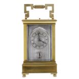 Good repeater alarm carriage clock striking on a gong, the chapters within a silvered recessed