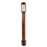 Fine mahogany bow front stick barometer, the silver scale signed Berge, late Ramsden, London, over a