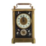 Rare carriage clock timepiece with alarm and Pietra dura floral panels, the movement striking on a