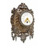 Small French wall clock timepiece with platform escapement, the 2" floral painted white dial