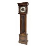 Early 20th century oak longcase clock, the 11" square brass dial with silvered chapter ring, the