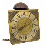 Interesting early English hook and spike wall clock, the 9" square brass dial with silvered