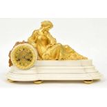 French ormolu and white marble two train drumhead figural mantel clock, the movement with outside