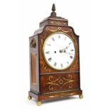English mahogany double fusee bracket clock, the 8" white dial within a stepped case inlaid with