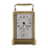 Good alarm carriage clock striking on a bell, the movement back plate stamped 30M and enclosed by