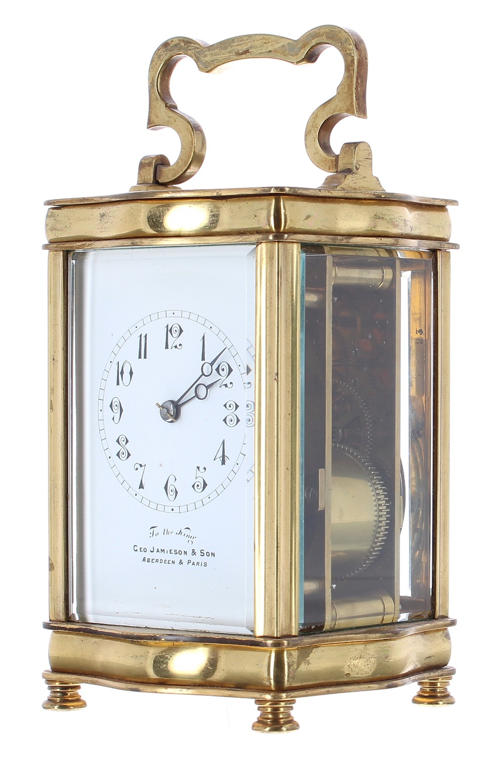 Carriage clock striking on a gong, the movement back plate stamped no. 9372, the dial signed Geo - Image 2 of 5