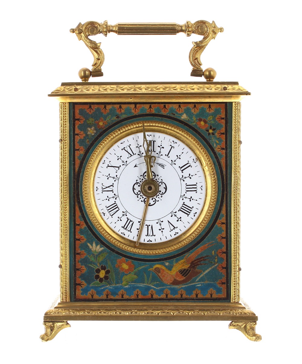 Carriage clock timepiece with alarm, the 2.5" white dial within a panelled case painted with birds