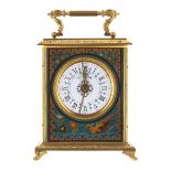 Carriage clock timepiece with alarm, the 2.5" white dial within a panelled case painted with birds