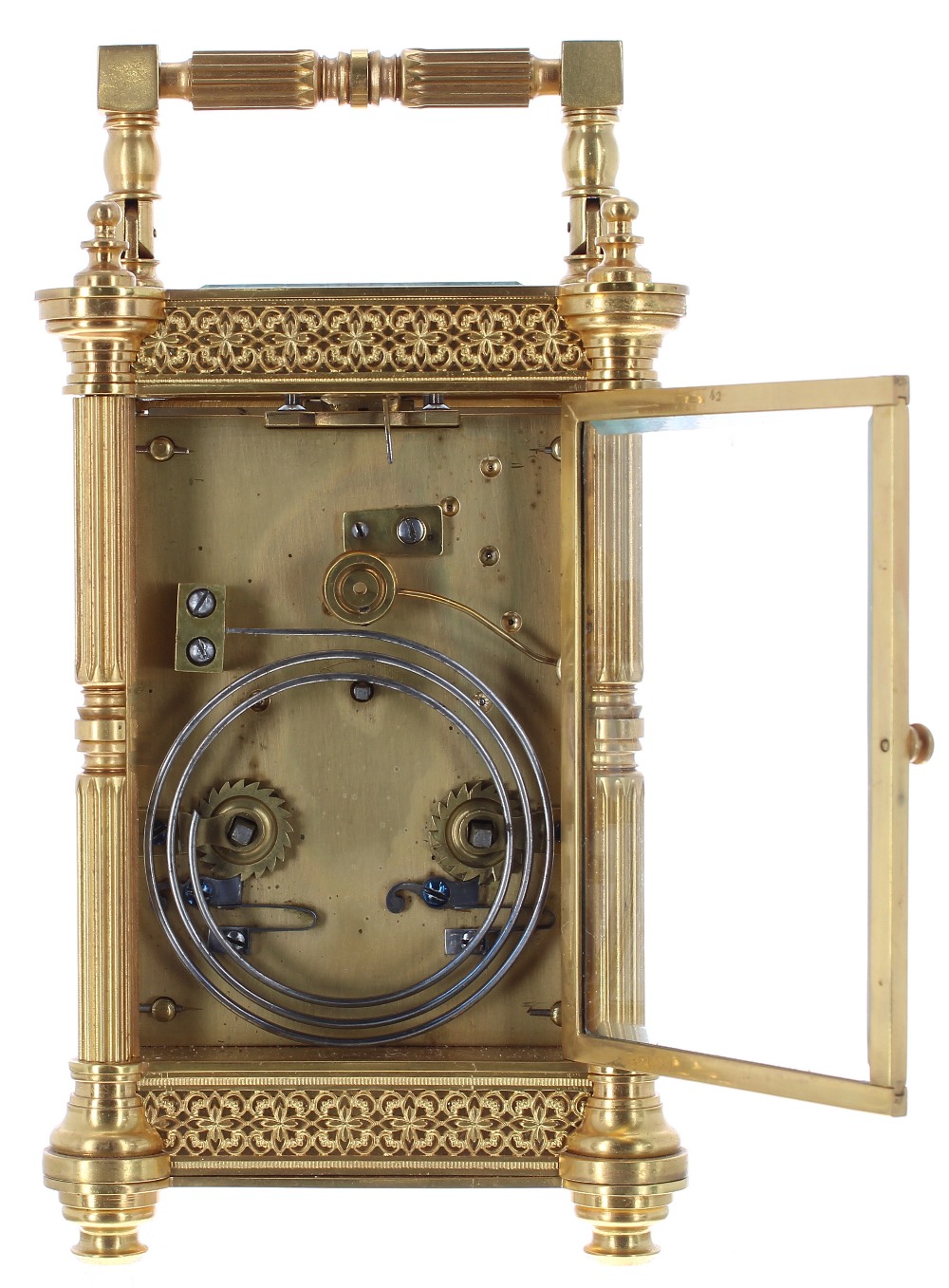 Carriage clock striking on a gong, the 2.25" raised cream chapter ring within a foliate engraved - Image 5 of 5