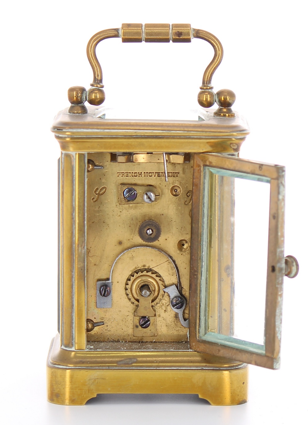 French miniature carriage clock timepiece, within a corniche brass case, 4" high; also with outer - Image 7 of 8