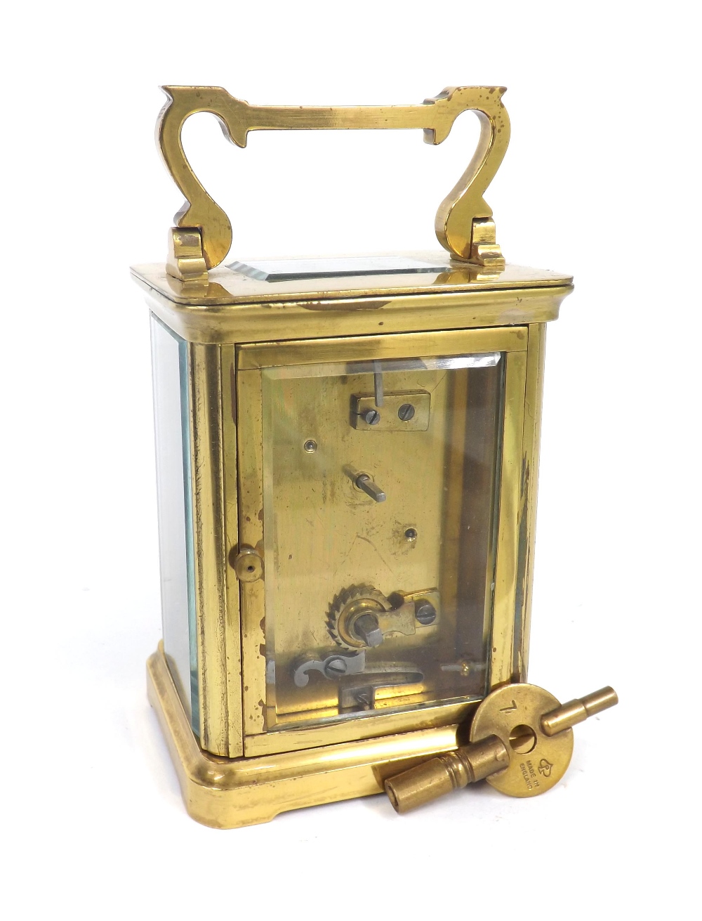 Small carriage clock timepiece, the 1.75" cream chapter ring within a gilt mask and corniche brass - Image 4 of 5