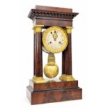 Interesting mahogany two train portico mantel clock, the 4.75" silvered dial signed Moinet Aine á