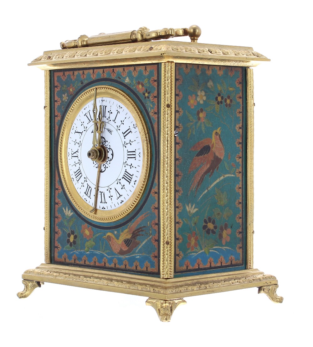 Carriage clock timepiece with alarm, the 2.5" white dial within a panelled case painted with birds - Image 2 of 3