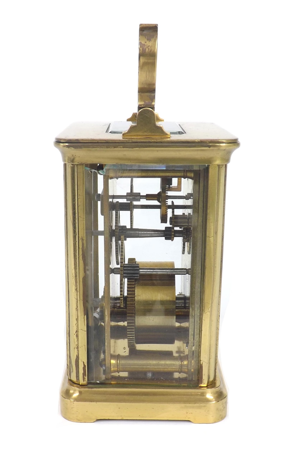 Small carriage clock timepiece, the 1.75" cream chapter ring within a gilt mask and corniche brass - Image 3 of 5
