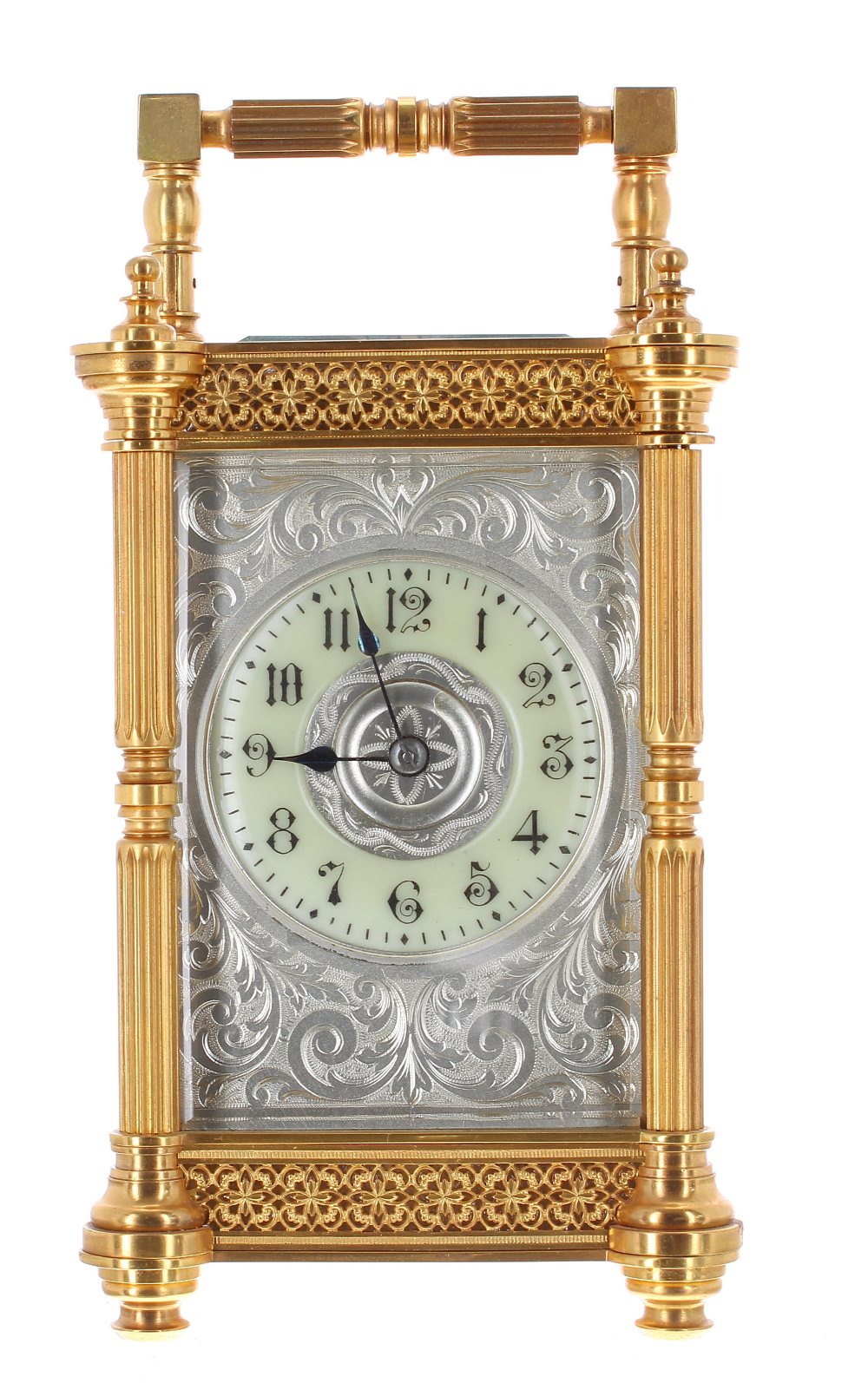 Carriage clock striking on a gong, the 2.25" raised cream chapter ring within a foliate engraved