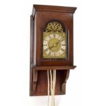 Interesting early and later converted English hooded wall clock, the rectangular brass dial plate (