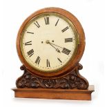 Oak double fusee gallery clock, the 12" white dial indistinctly signed over a bracket carved with