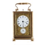 Miniature repeater carriage clock with alarm, striking on a bell (missing) to the recessed base, the