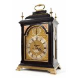 Good English ebonised double fusee original verge bracket clock, the 7" brass arched dial signed