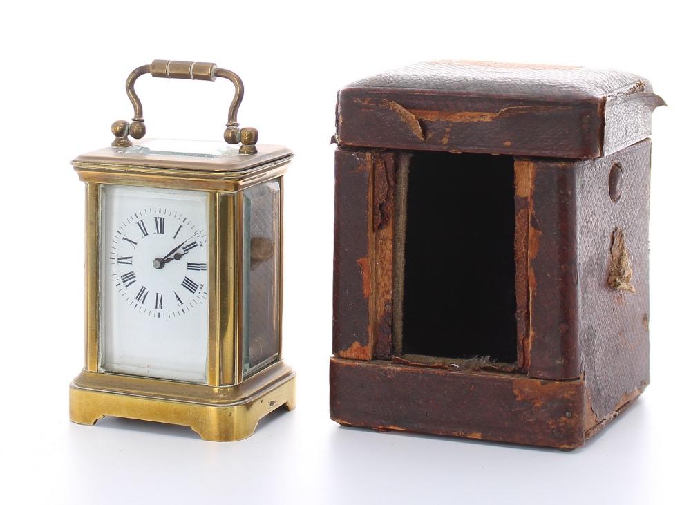 French miniature carriage clock timepiece, within a corniche brass case, 4" high; also with outer - Image 2 of 8