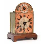 Interesting small Continental brass and copper verge mantel clock, the 3.5" square copper chapter