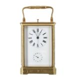 Good French repeating carriage clock with alarm striking on bells fitted behind the back plate and