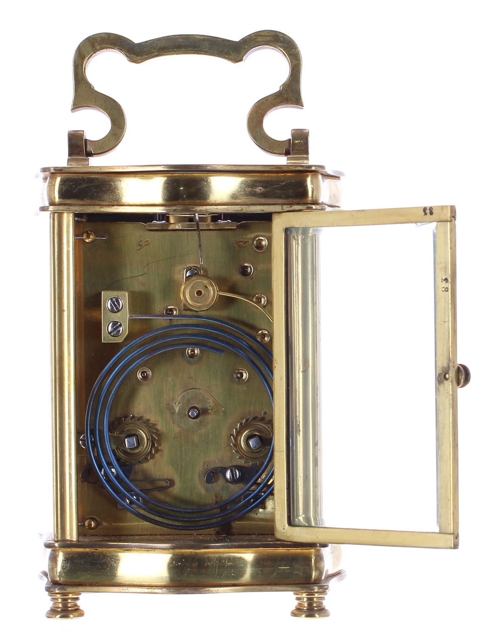 Carriage clock striking on a gong, the movement back plate stamped no. 9372, the dial signed Geo - Image 5 of 5