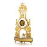 Good French Empire ormolu and green vein marble two train skeleton clock striking on a bell, the