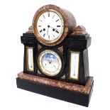 Good French black slate and red veined marble two train drumhead mantel clock with calendar, the