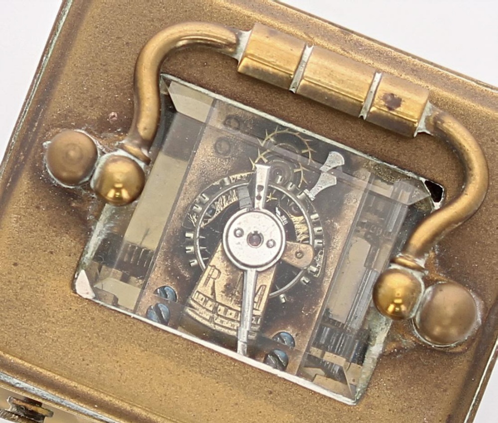 French miniature carriage clock timepiece, within a corniche brass case, 4" high; also with outer - Image 8 of 8