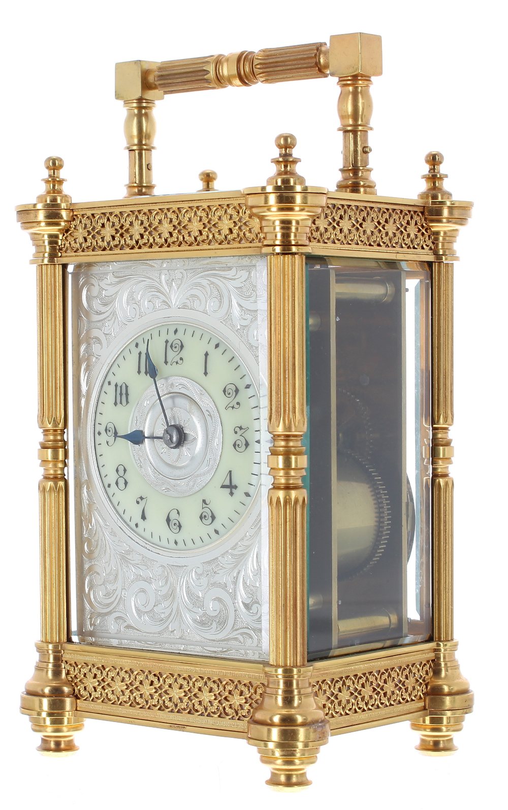 Carriage clock striking on a gong, the 2.25" raised cream chapter ring within a foliate engraved - Image 2 of 5