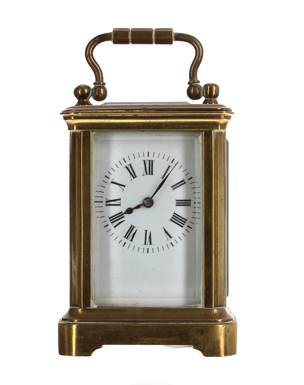 French miniature carriage clock timepiece, within a corniche brass case, 4" high; also with outer